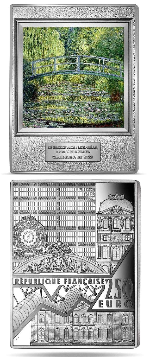 Image of 250 euro coin - The Water lily pond: green harmony  | France 2022.  The Silver coin is of Proof quality.