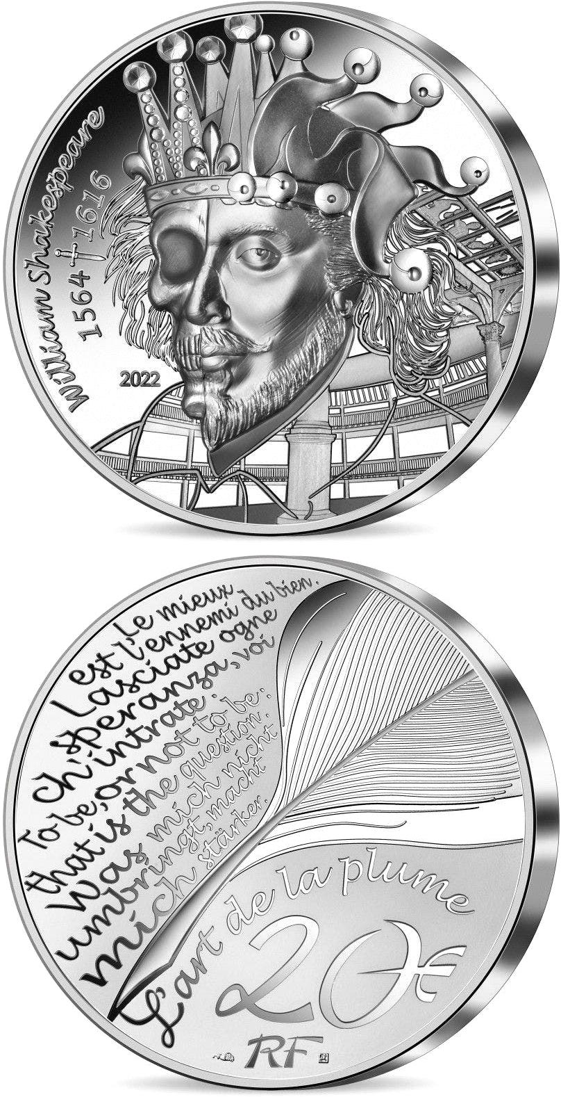 Image of 20 euro coin - William Shakespeare  | France 2022.  The Silver coin is of Proof quality.