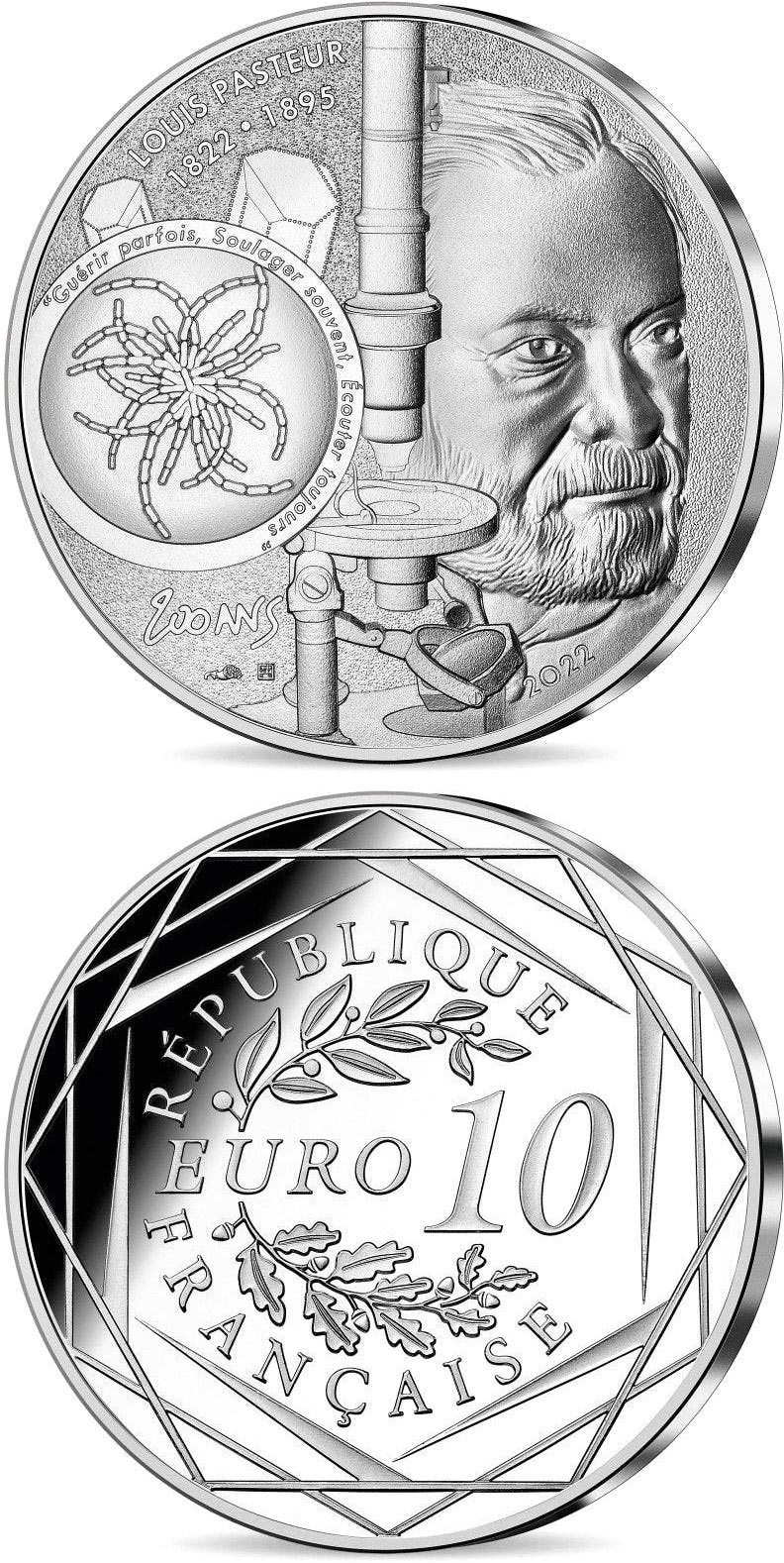 Image of 10 euro coin -  Louis Pasteur - Bicentenary  | France 2022.  The Silver coin is of UNC quality.