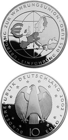 Image of 10 euro coin - Einführung des Euro - Übergang zur Währungsunion | Germany 2002.  The Silver coin is of Proof, BU quality.