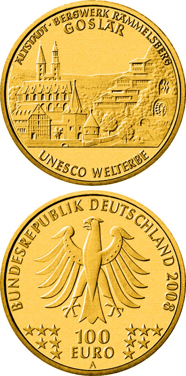 Image of 100 euro coin - UNESCO Welterbe Goslar  | Germany 2008.  The Gold coin is of Proof quality.