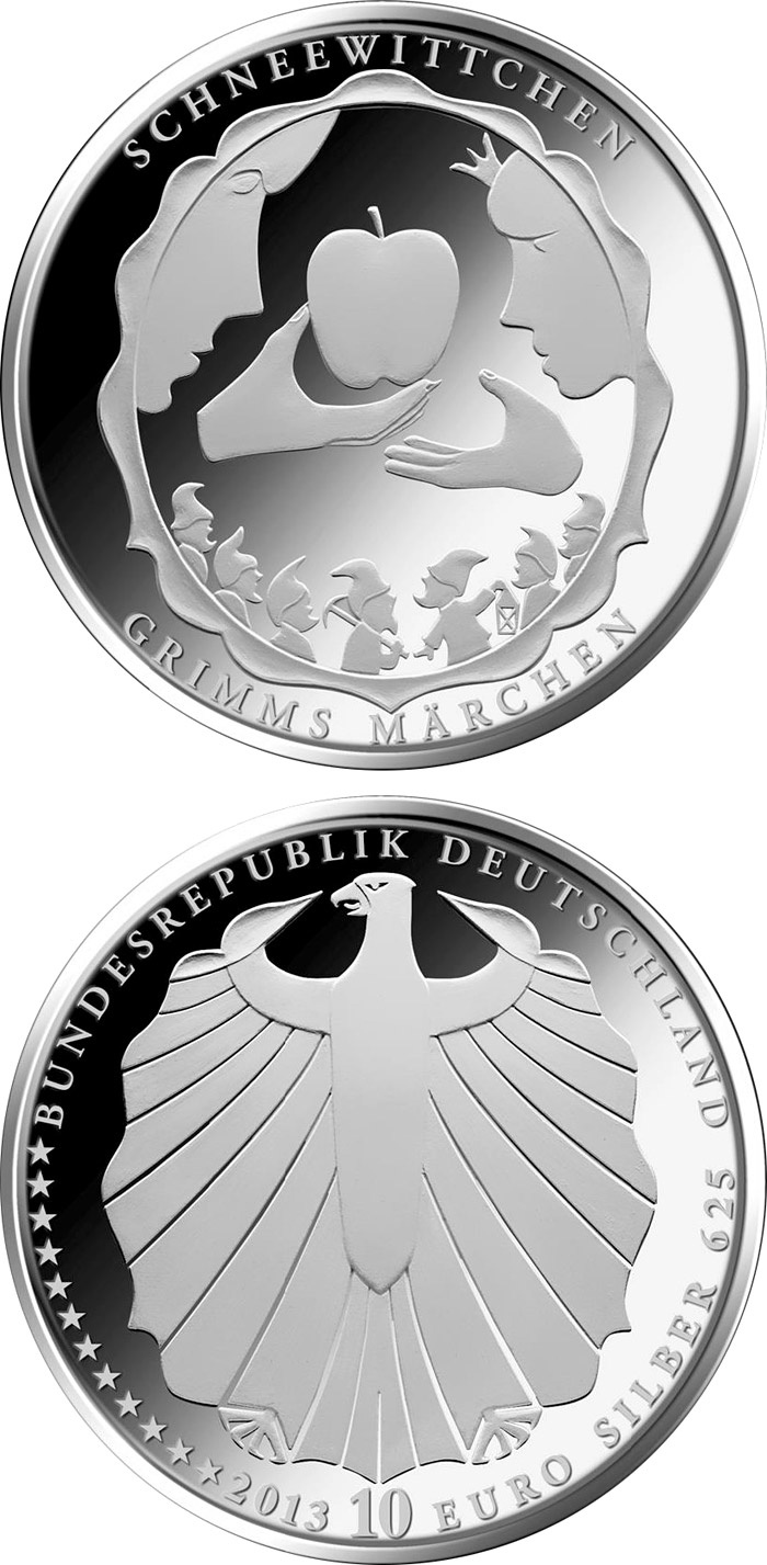 Image of 10 euro coin - Grimms Märchen: Schneewittchen | Germany 2013.  The Silver coin is of Proof, BU quality.