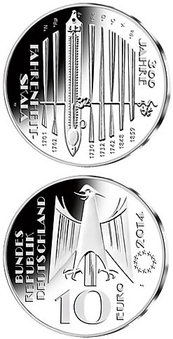 Image of 10 euro coin - 300 Jahre Fahrenheit-Skala | Germany 2014.  The Silver coin is of Proof, BU quality.