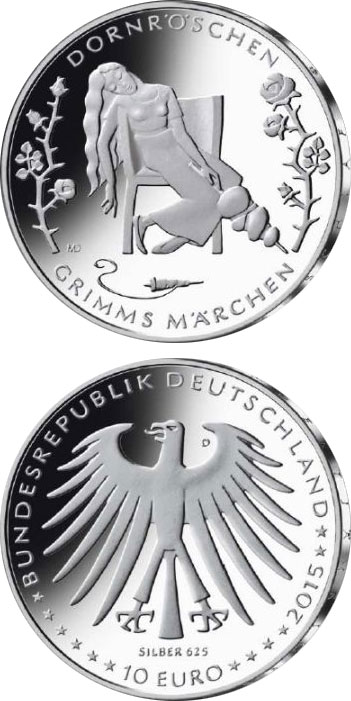 Image of 10 euro coin - Grimms Märchen: Dornröschen | Germany 2015.  The Silver coin is of Proof, BU quality.