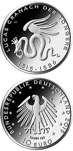 Image of 10 euro coin - 500. Geburtstag Lucas Cranach d.J. | Germany 2015.  The Silver coin is of Proof, BU quality.