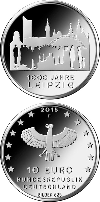 Image of 10 euro coin - 1000 Jahre Ersterwähnung Leipzig | Germany 2015.  The Silver coin is of Proof, BU quality.