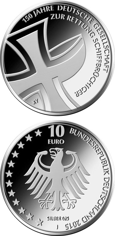 Image of 10 euro coin - 150 Jahre Deutsche Gesellschaft zur Rettung Schiffbrüchiger | Germany 2015.  The Silver coin is of Proof, BU quality.