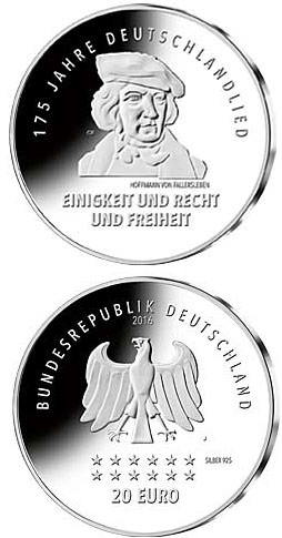 Image of 20 euro coin - 175 Jahre Deutschlandlied | Germany 2016.  The Silver coin is of Proof, BU quality.