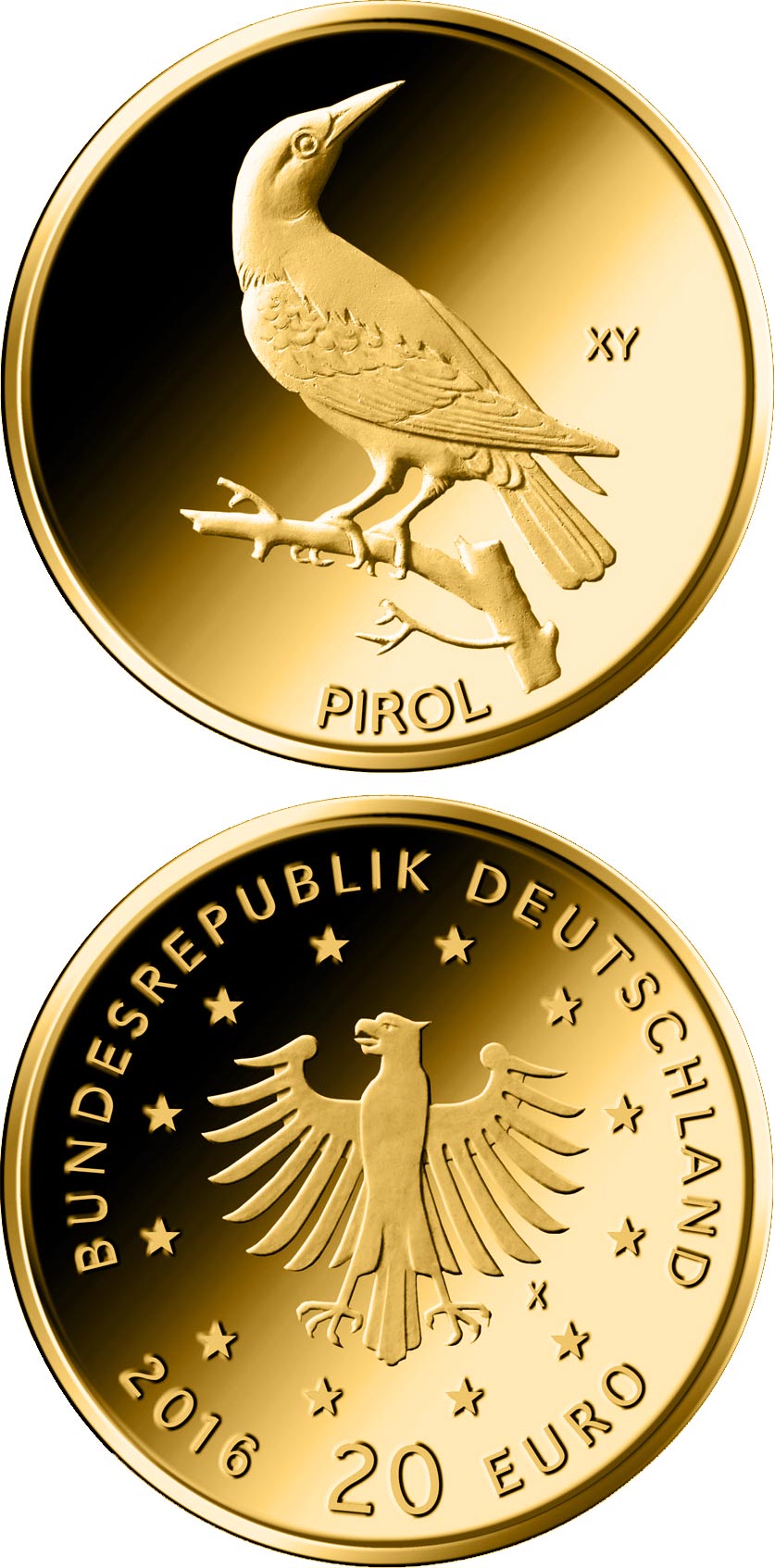 Image of 20 euro coin - Pirol  | Germany 2017.  The Gold coin is of Proof quality.