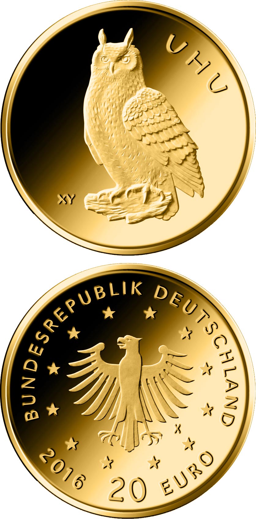 Image of 20 euro coin - Uhu  | Germany 2018.  The Gold coin is of Proof quality.