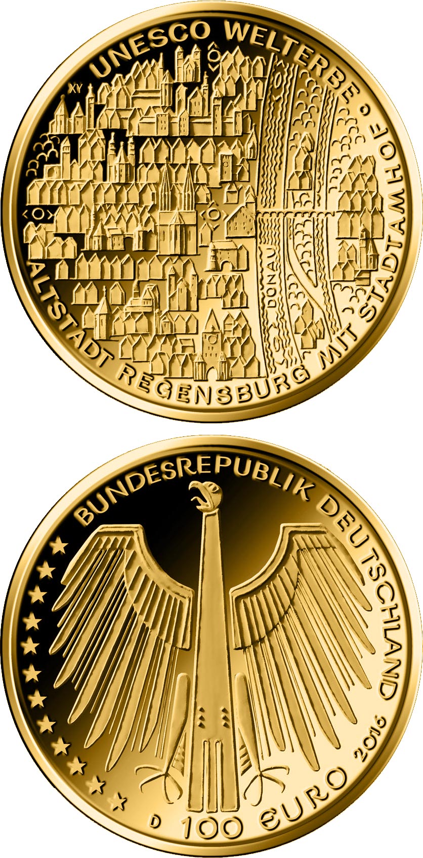 Image of 100 euro coin - UNESCO Welterbe – Altstadt Regensburg mit Stadtamhof | Germany 2016.  The Gold coin is of Proof quality.