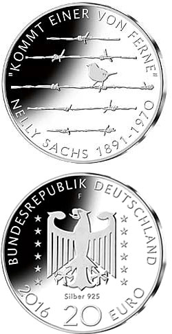 Image of 20 euro coin - 125. Geburtstag Nelly Sachs | Germany 2016.  The Silver coin is of Proof, BU quality.