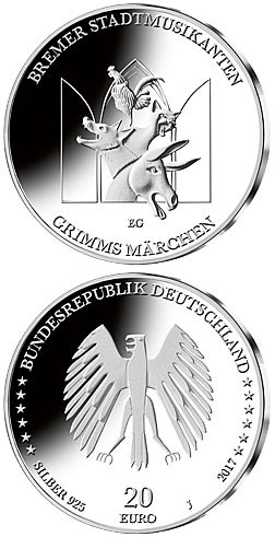 Image of 20 euro coin - Bremer Stadtmusikanten | Germany 2017.  The Silver coin is of Proof, BU quality.