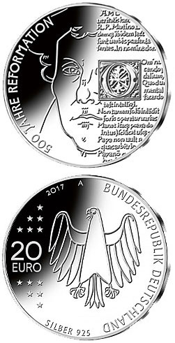 Image of 20 euro coin - 500 Jahre Reformation  | Germany 2017.  The Silver coin is of Proof, BU quality.