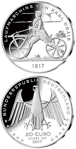 Image of 20 euro coin - 200 Jahre Erfindung des Fahrrads | Germany 2017.  The Silver coin is of Proof, BU quality.