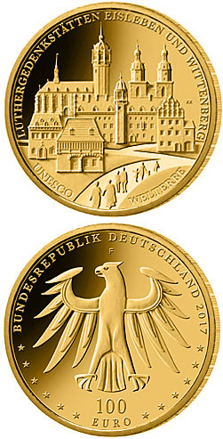 Image of 100 euro coin - Luthergedenkstätten Eisleben und Wittenberg | Germany 2017.  The Gold coin is of Proof quality.