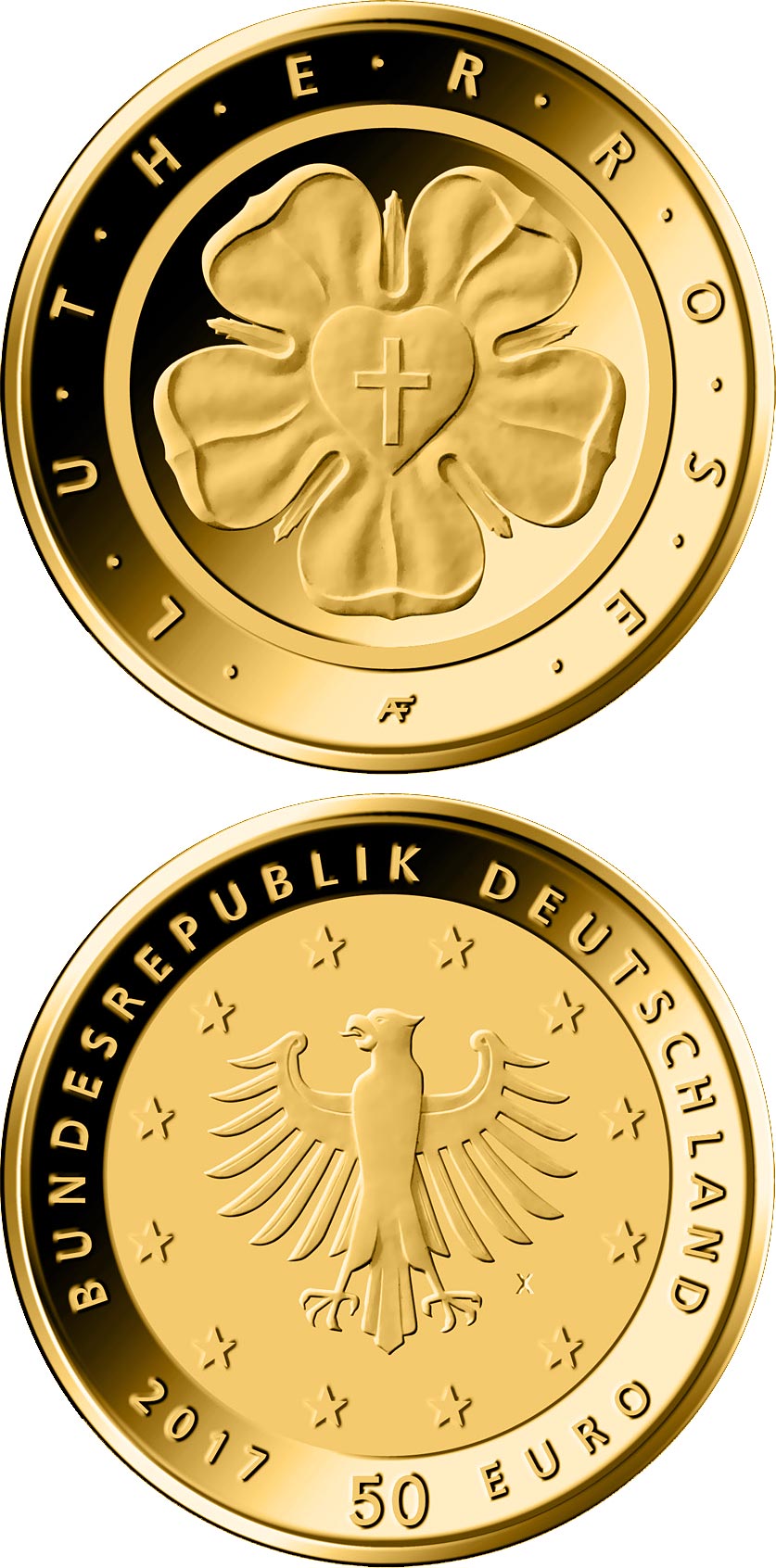 Image of 50 euro coin - Lu­ther­ro­se | Germany 2017.  The Gold coin is of Proof quality.