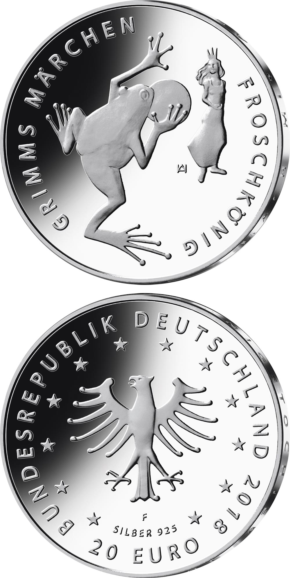 Image of 20 euro coin - Froschkönig | Germany 2018.  The Silver coin is of Proof, BU quality.