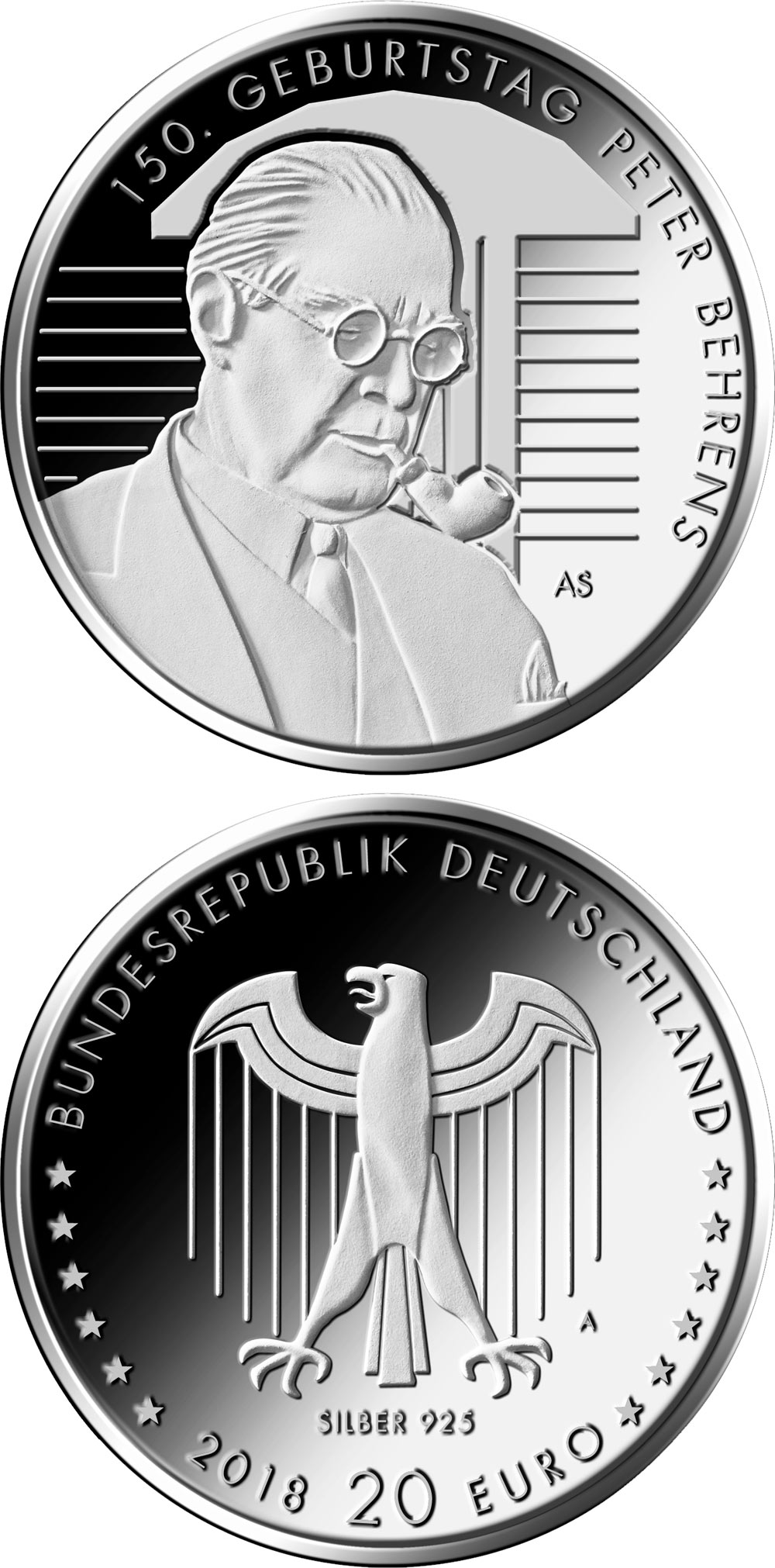 Image of 20 euro coin - 150. Geburtstag Peter Behrens | Germany 2018.  The Silver coin is of Proof, BU quality.