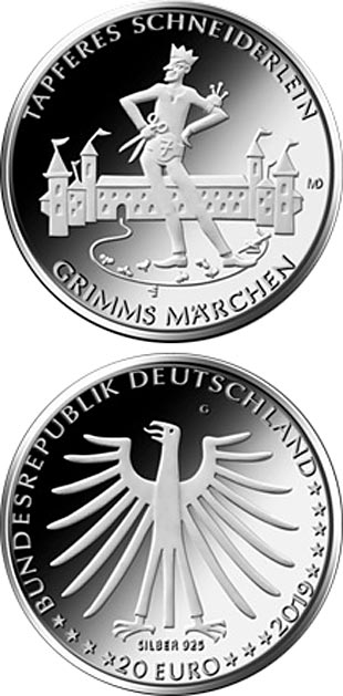 Image of 20 euro coin - Das tapfere Schneiderlein | Germany 2019.  The Silver coin is of Proof, BU quality.