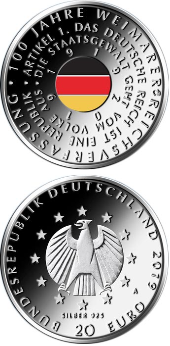 Image of 20 euro coin - 100 Jahre Weimarer Reichsverfassung  | Germany 2019.  The Silver coin is of Proof, BU quality.