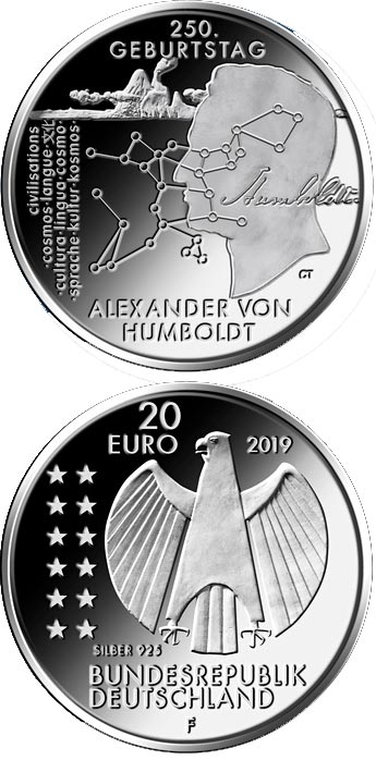 Image of 20 euro coin - 250. Geburtstag Alexander von Humboldt  | Germany 2019.  The Silver coin is of Proof, BU quality.