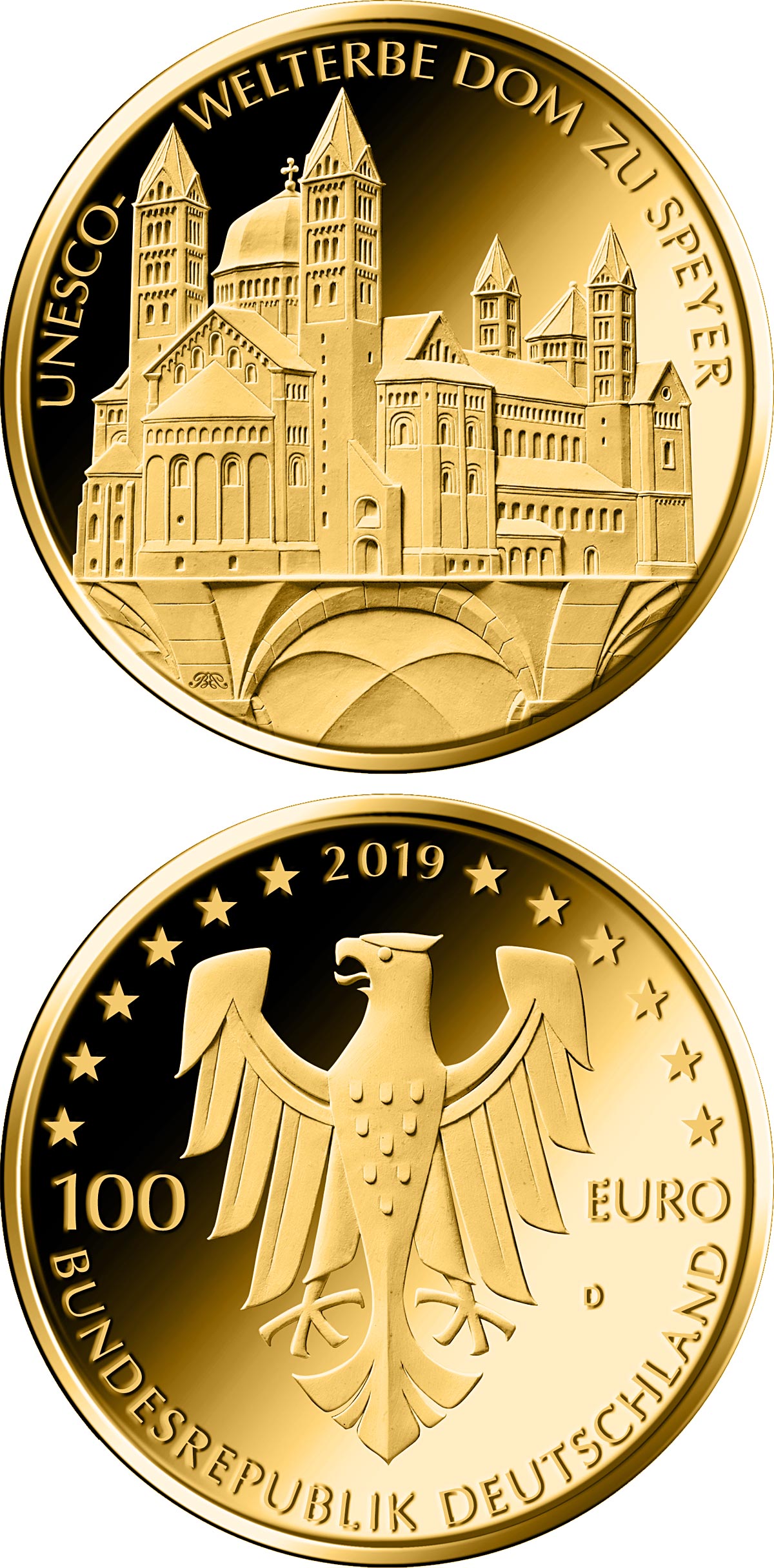Image of 100 euro coin - Dom zu Speyer | Germany 2019.  The Gold coin is of Proof quality.