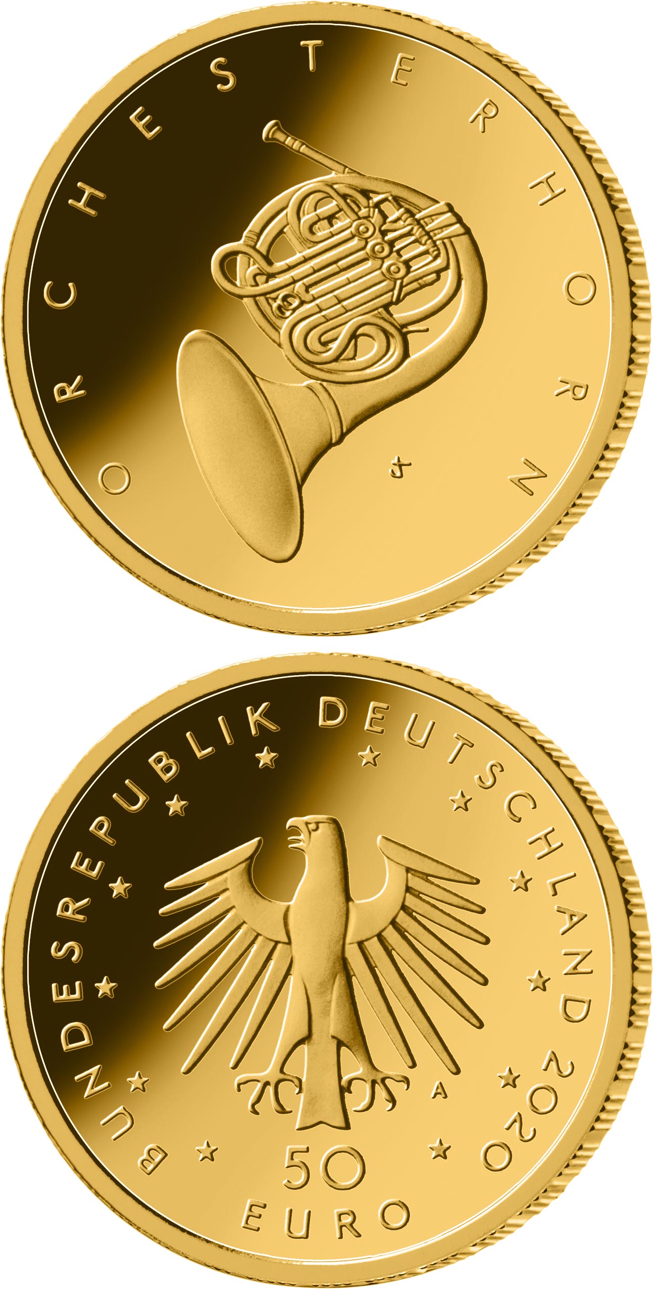 Image of 50 euro coin - Horn | Germany 2020.  The Gold coin is of Proof quality.