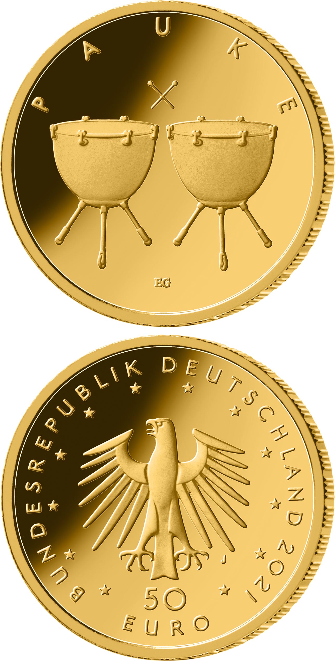 Image of 50 euro coin - Timpani | Germany 2021.  The Gold coin is of Proof quality.