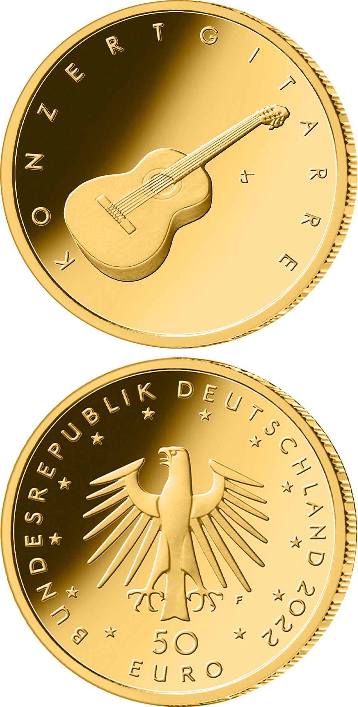 Image of 50 euro coin - Guitar | Germany 2022.  The Gold coin is of Proof quality.
