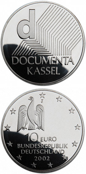 Image of 10 euro coin - Kunstausstellung (documenta) | Germany 2002.  The Silver coin is of Proof, BU quality.