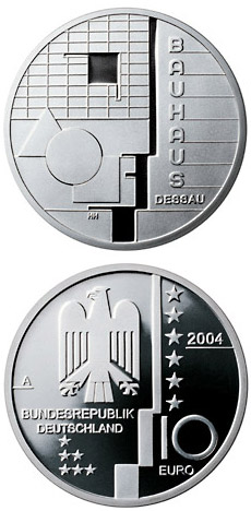 Image of 10 euro coin - Bauhaus Dessau | Germany 2004.  The Silver coin is of Proof, BU quality.