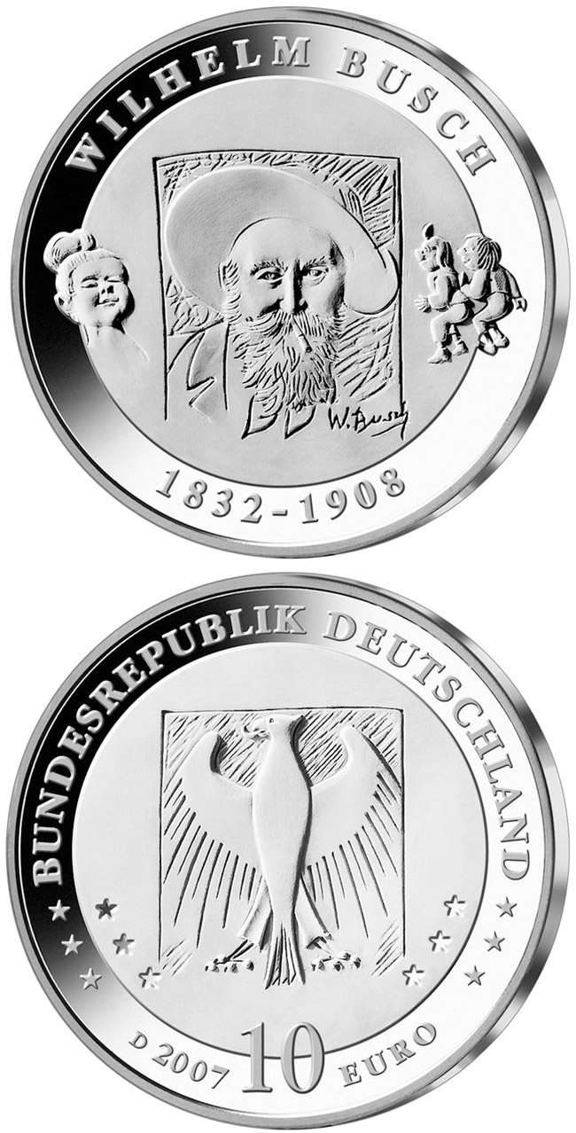 Image of 10 euro coin - 175. Geburtstag Wilhelm Busch | Germany 2007.  The Silver coin is of Proof, BU quality.
