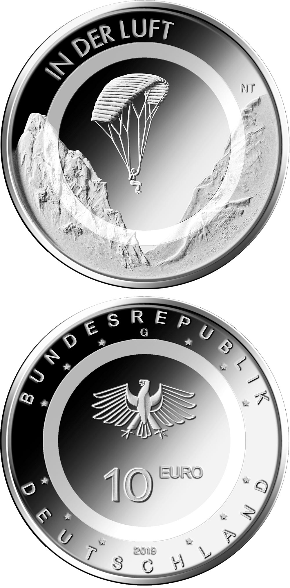 Image of 10 euro coin - In the Air | Germany 2019.  The Copper–Nickel (CuNi) coin is of BU quality.