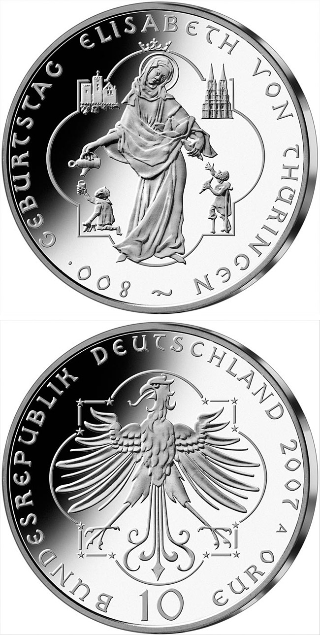 Image of 10 euro coin - 800. Geburtstag Elisabeth von Thüringen | Germany 2007.  The Silver coin is of Proof, BU quality.