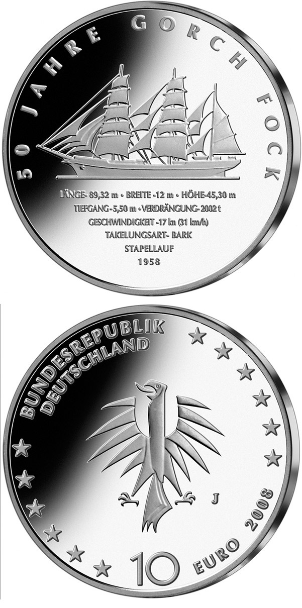Image of 10 euro coin - 50 Jahre Segelschulschiff Gorch Fock II  | Germany 2008.  The Silver coin is of Proof, BU quality.