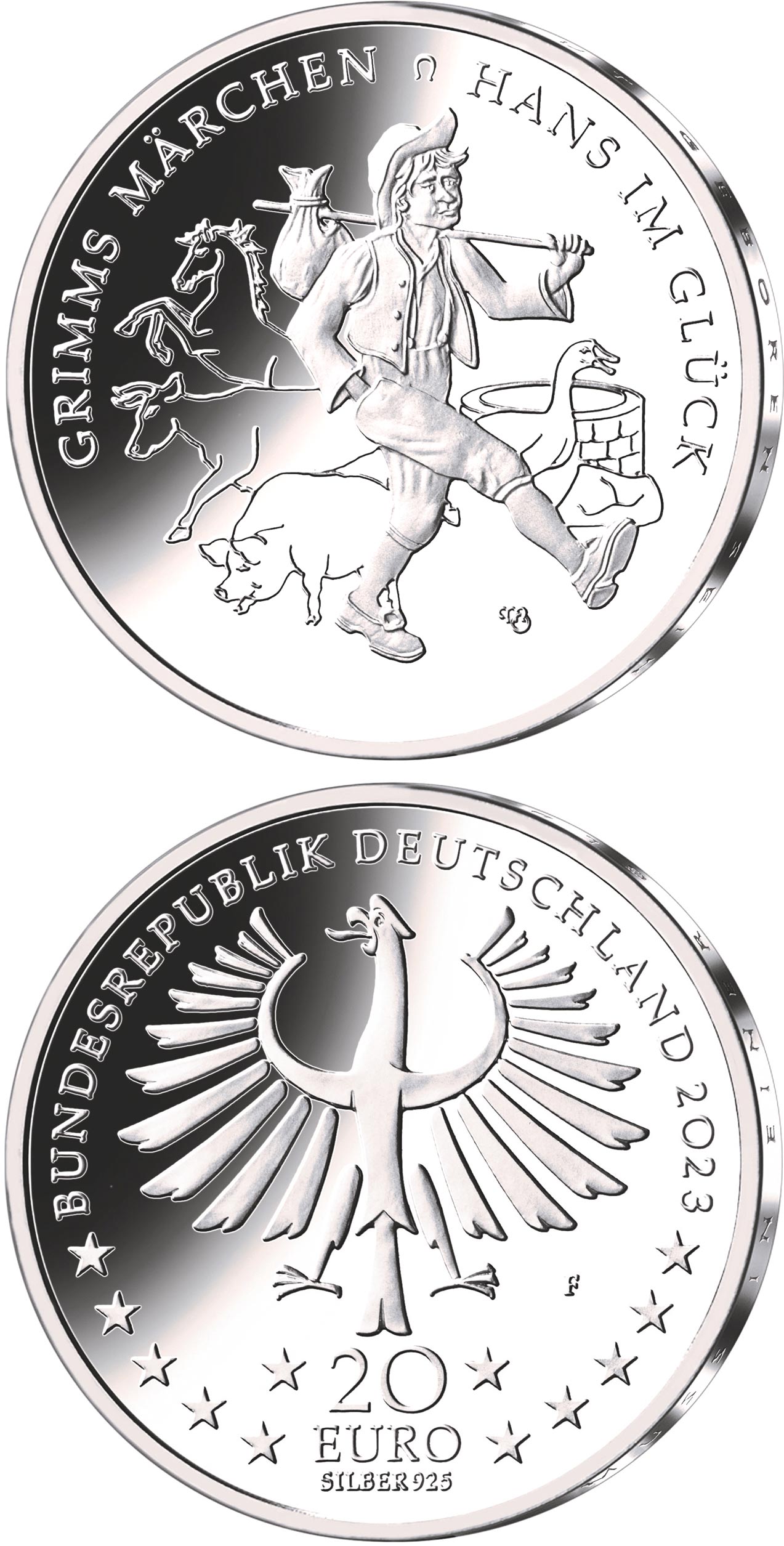 Image of 20 euro coin - Hans in Luck | Germany 2023.  The Silver coin is of Proof, BU quality.