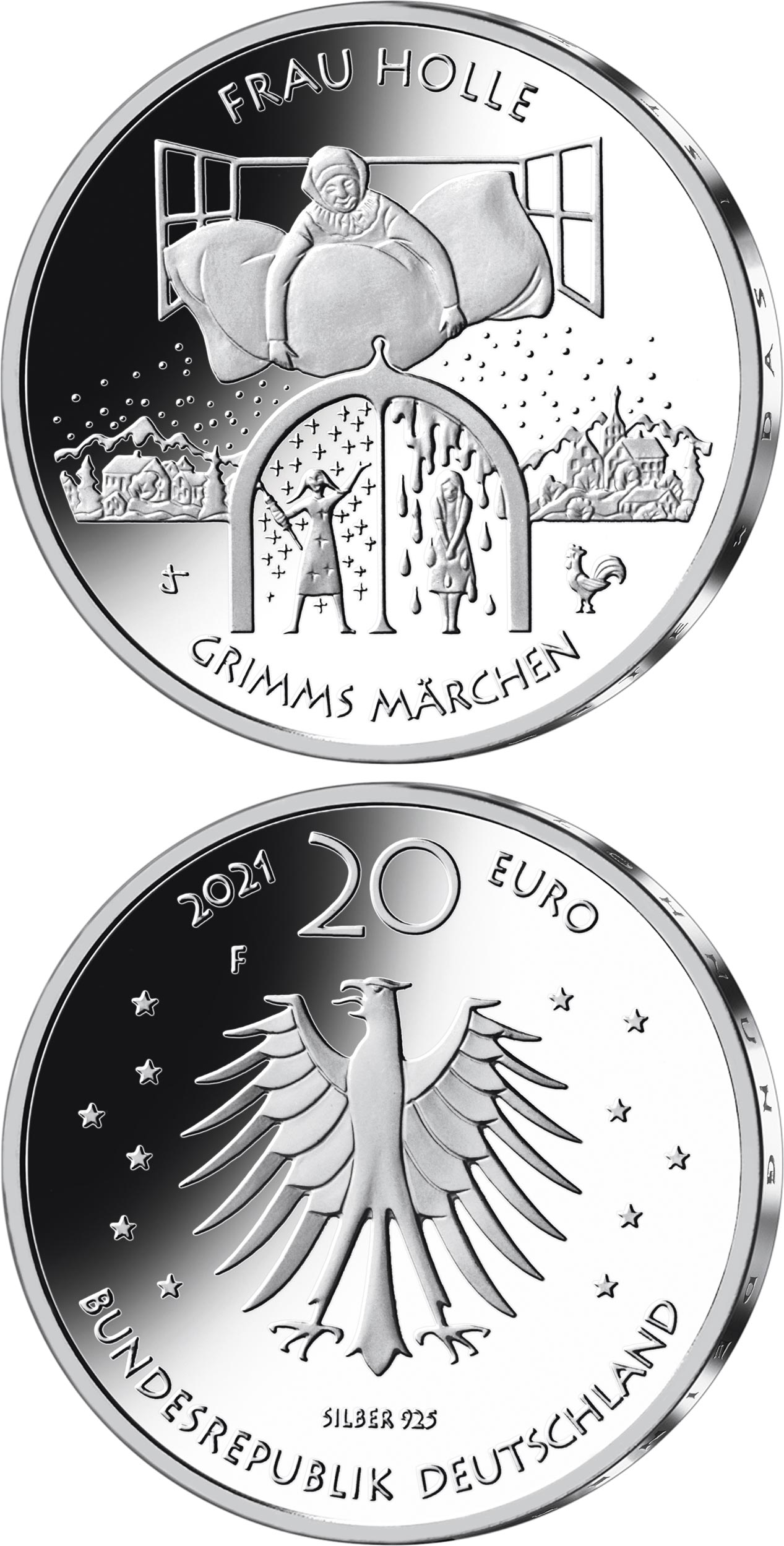 Image of 20 euro coin - Frau Holle | Germany 2021.  The Silver coin is of Proof, BU quality.