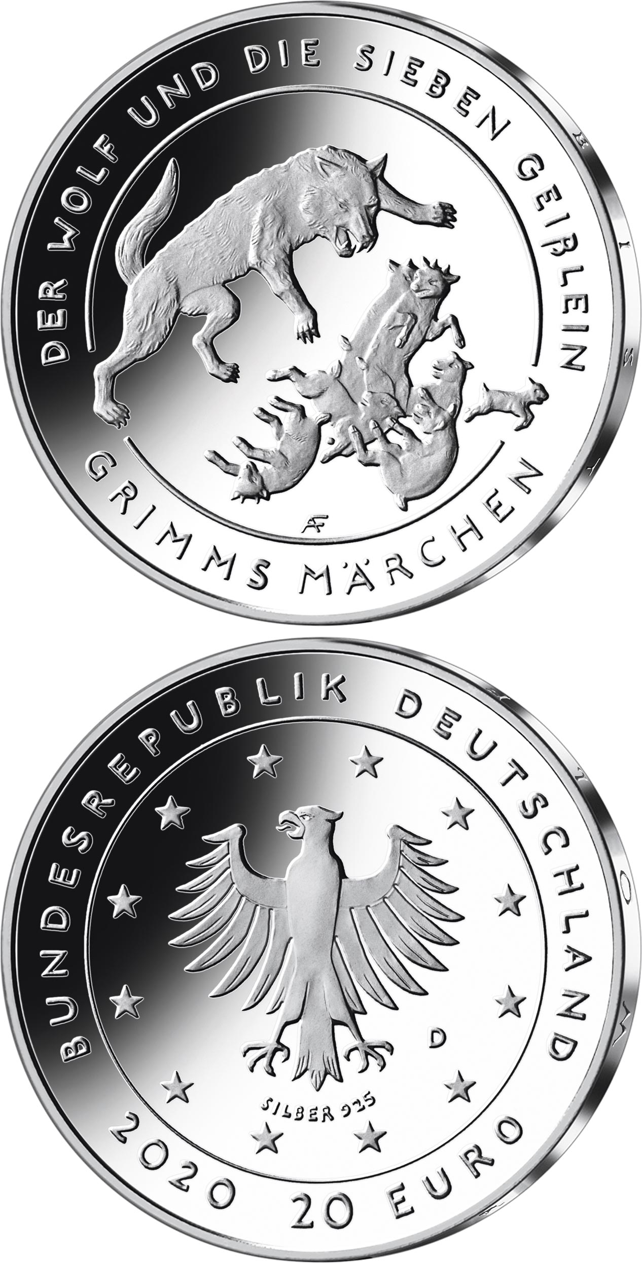 Image of 20 euro coin - The Wolf and the Seven Young Goats | Germany 2020.  The Silver coin is of Proof, BU quality.