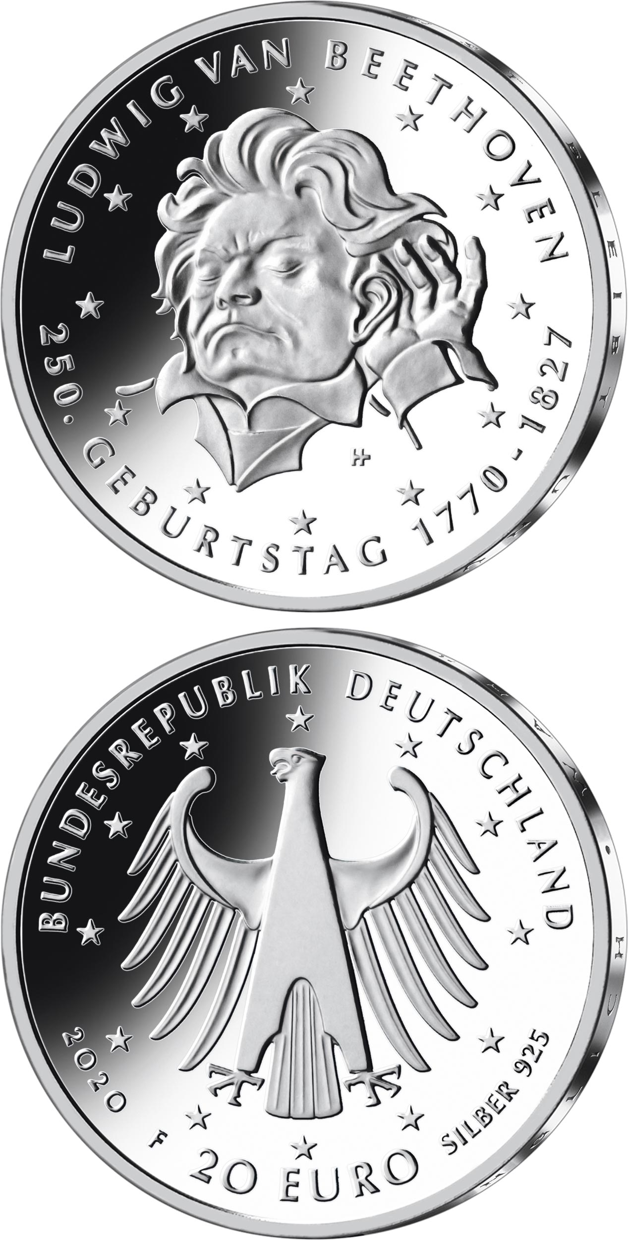Image of 20 euro coin - 250th Anniversary of the Birth of Ludwig van Beethoven | Germany 2020.  The Silver coin is of Proof, BU quality.