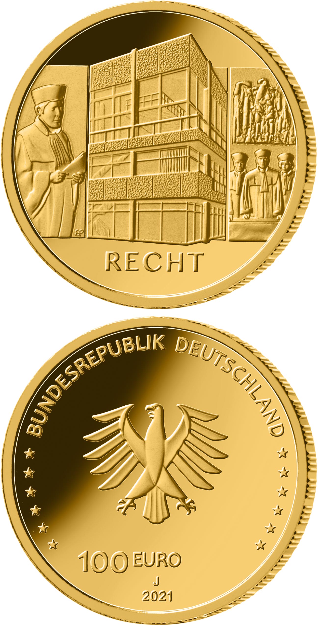 Image of 100 euro coin - The Law - Federal Constitutional Court | Germany 2021.  The Gold coin is of Proof quality.