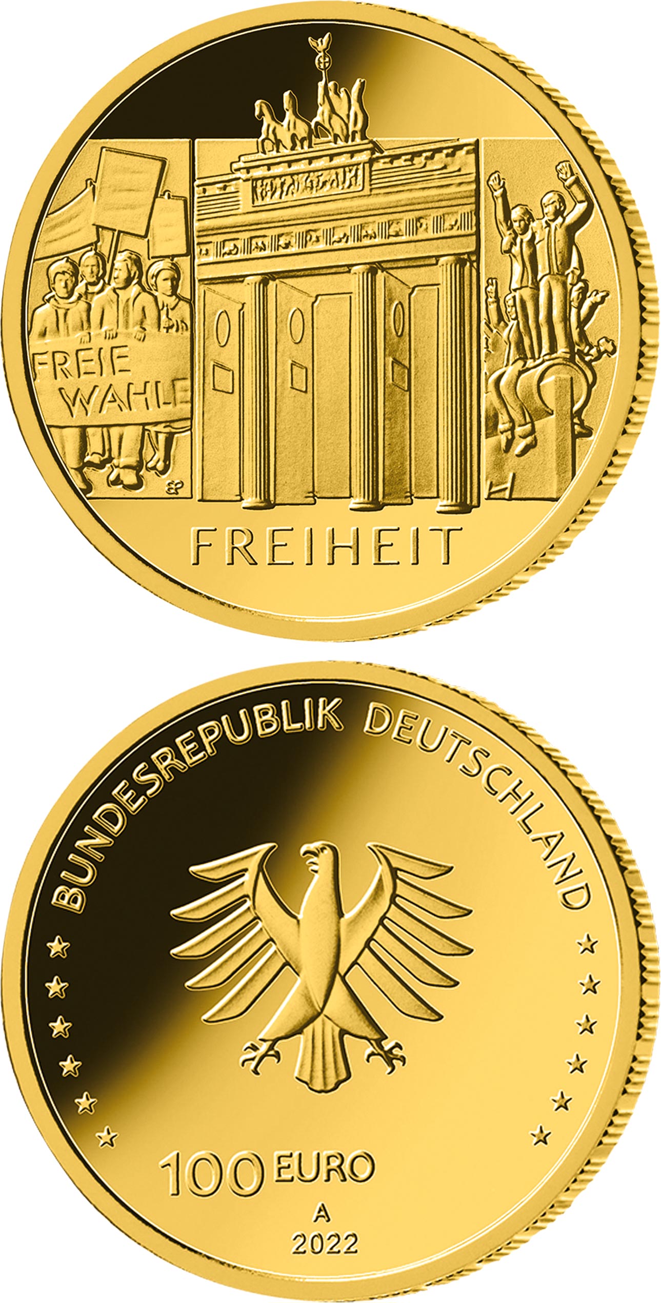 Image of 100 euro coin - The Freedom - Brandenburg Gate | Germany 2022.  The Gold coin is of Proof quality.