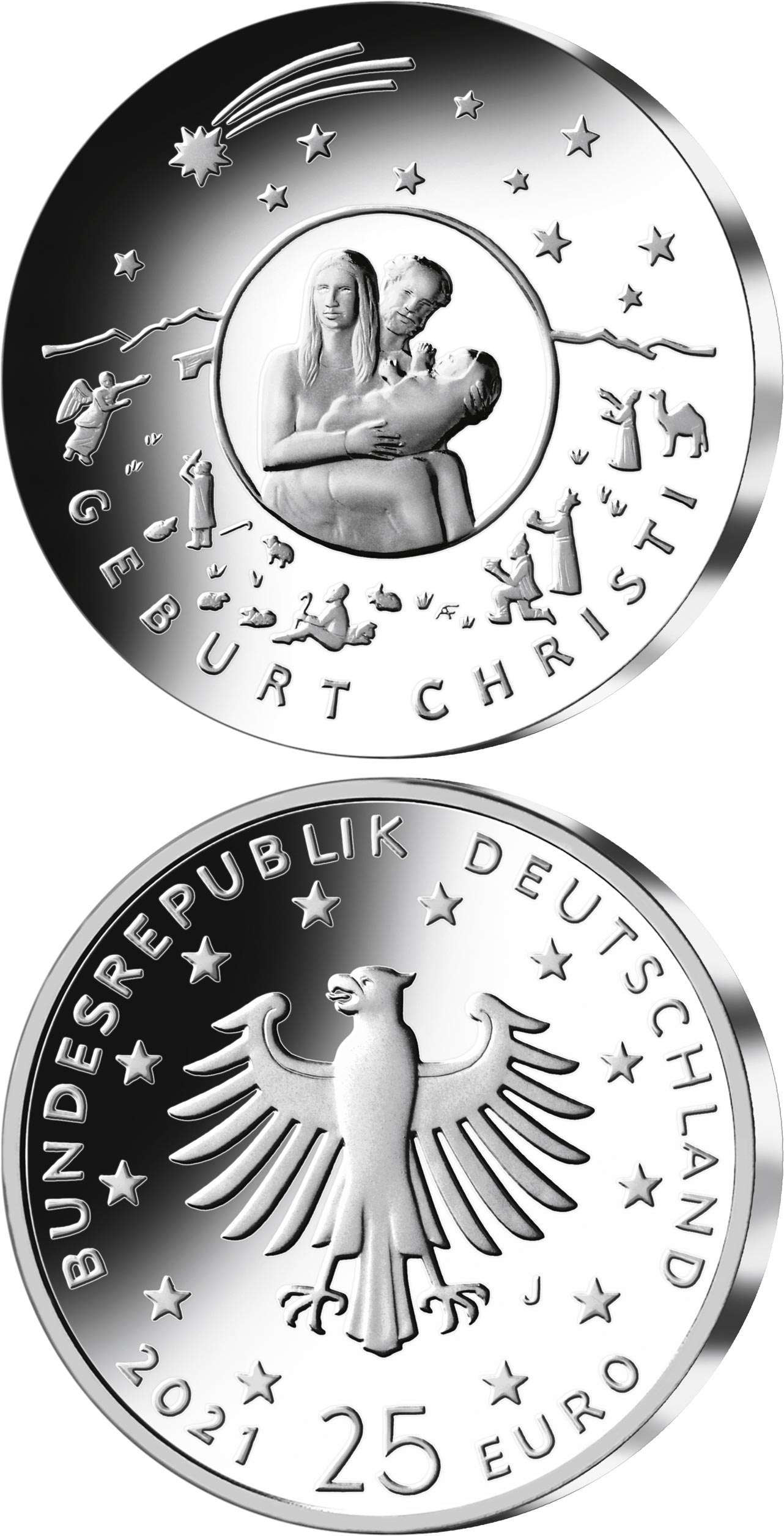 Image of 25 euro coin - Christmas | Germany 2021.  The Silver coin is of Proof, BU quality.