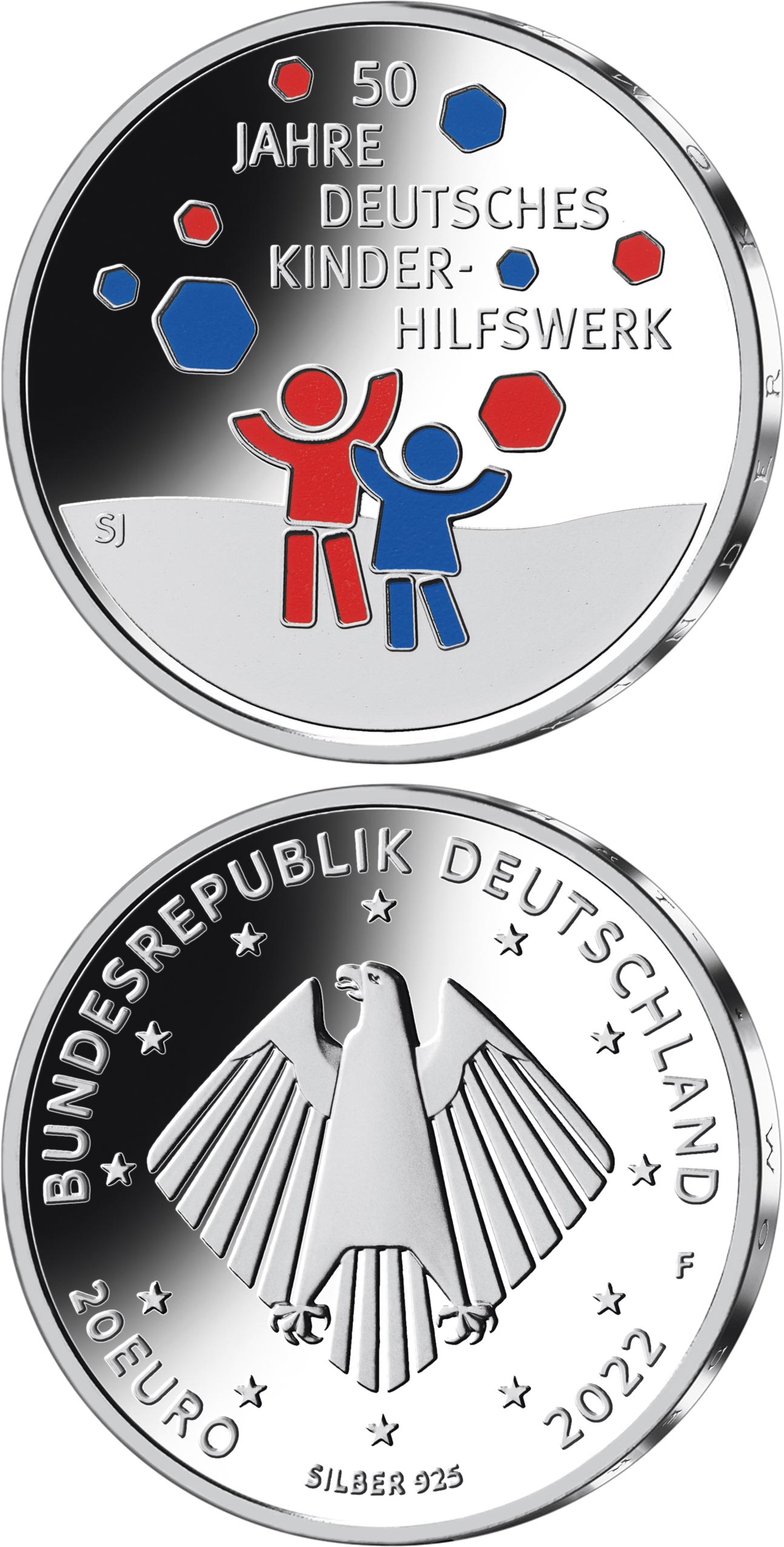 Image of 20 euro coin - 50th anniversary of children welfare | Germany 2022.  The Silver coin is of Proof, BU quality.