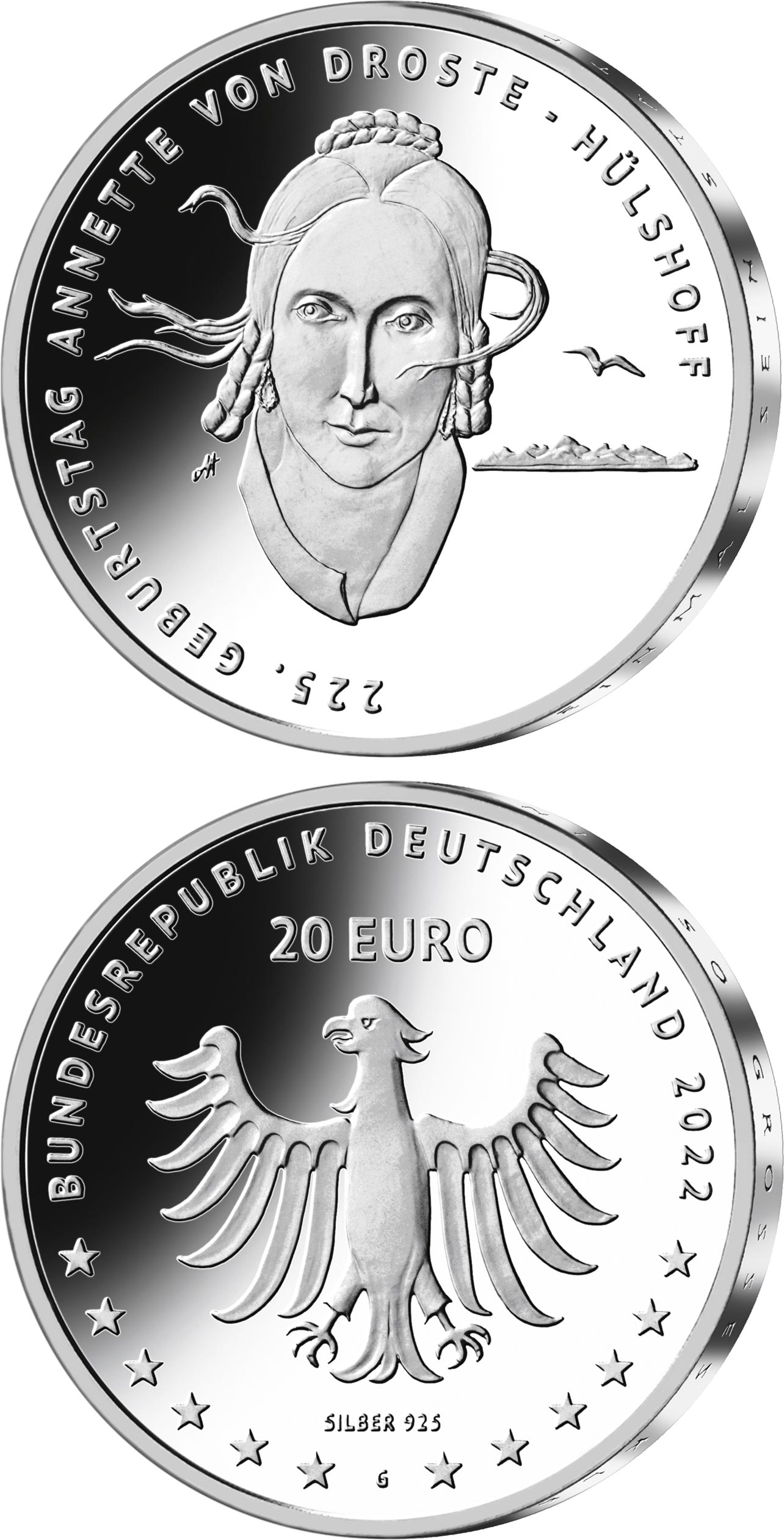 Image of 20 euro coin - 225th Anniversary of the Birth of Annette von Droste-Hülshoff | Germany 2022.  The Silver coin is of Proof, BU quality.