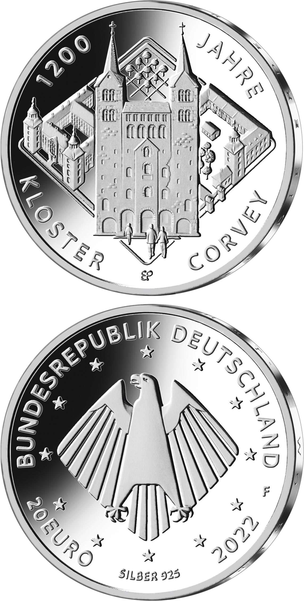 Image of 20 euro coin - 1200 Years of Corvey Cloister | Germany 2022.  The Silver coin is of Proof, BU quality.