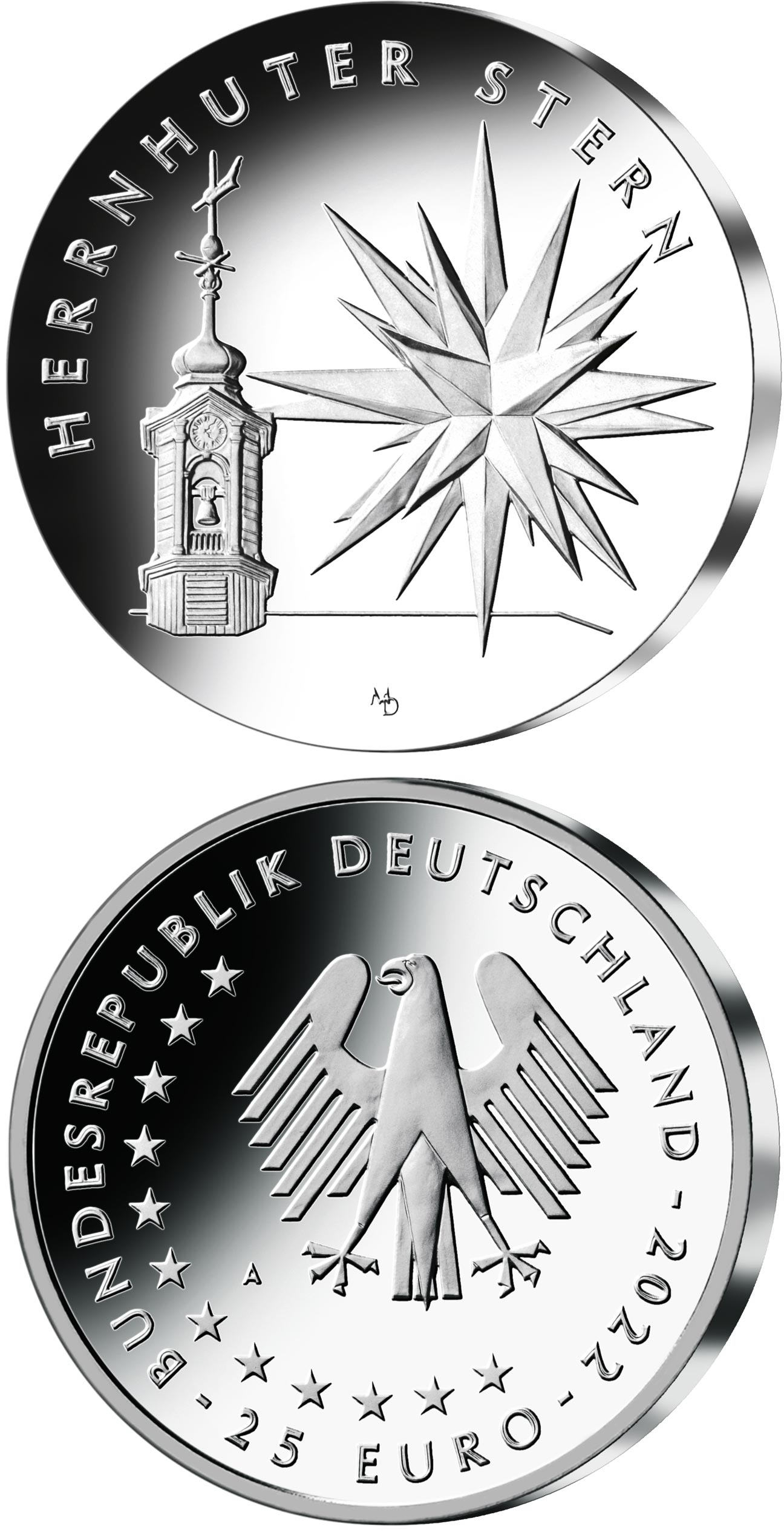 Image of 25 euro coin - Herrnhut Star | Germany 2022.  The Silver coin is of Proof quality.