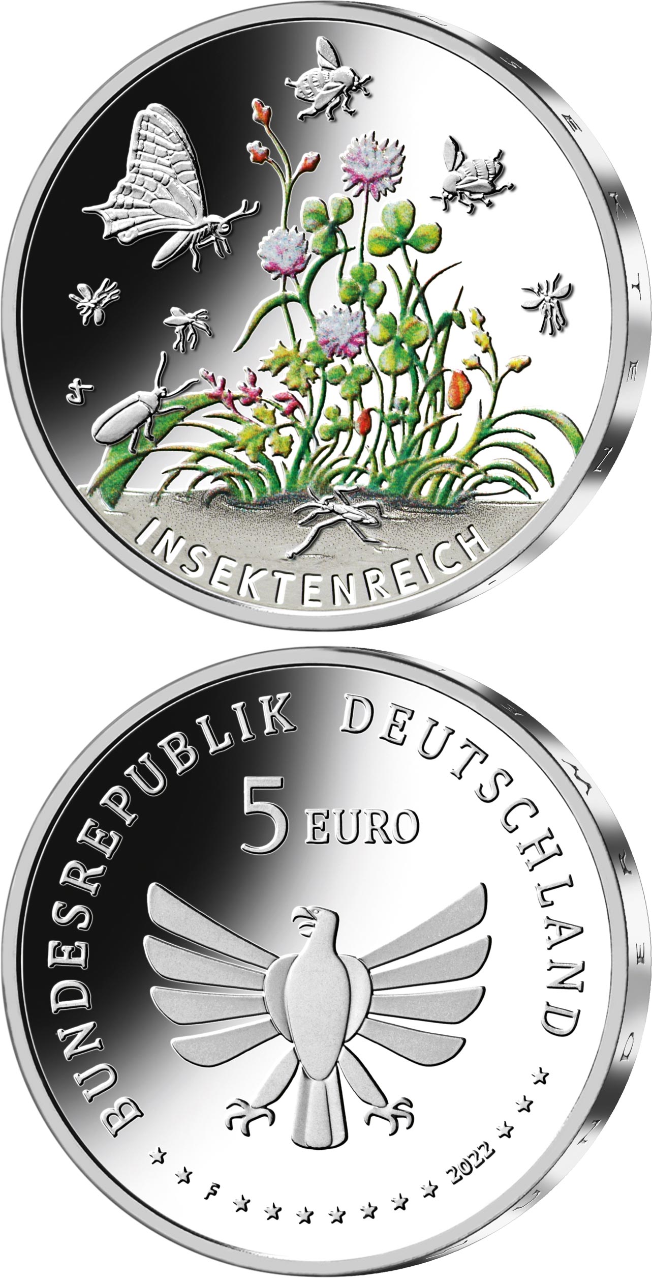 Image of 5 euro coin - The Insect Kingdom | Germany 2022.  The Bimetal: CuNi, nordic gold coin is of Proof, BU quality.