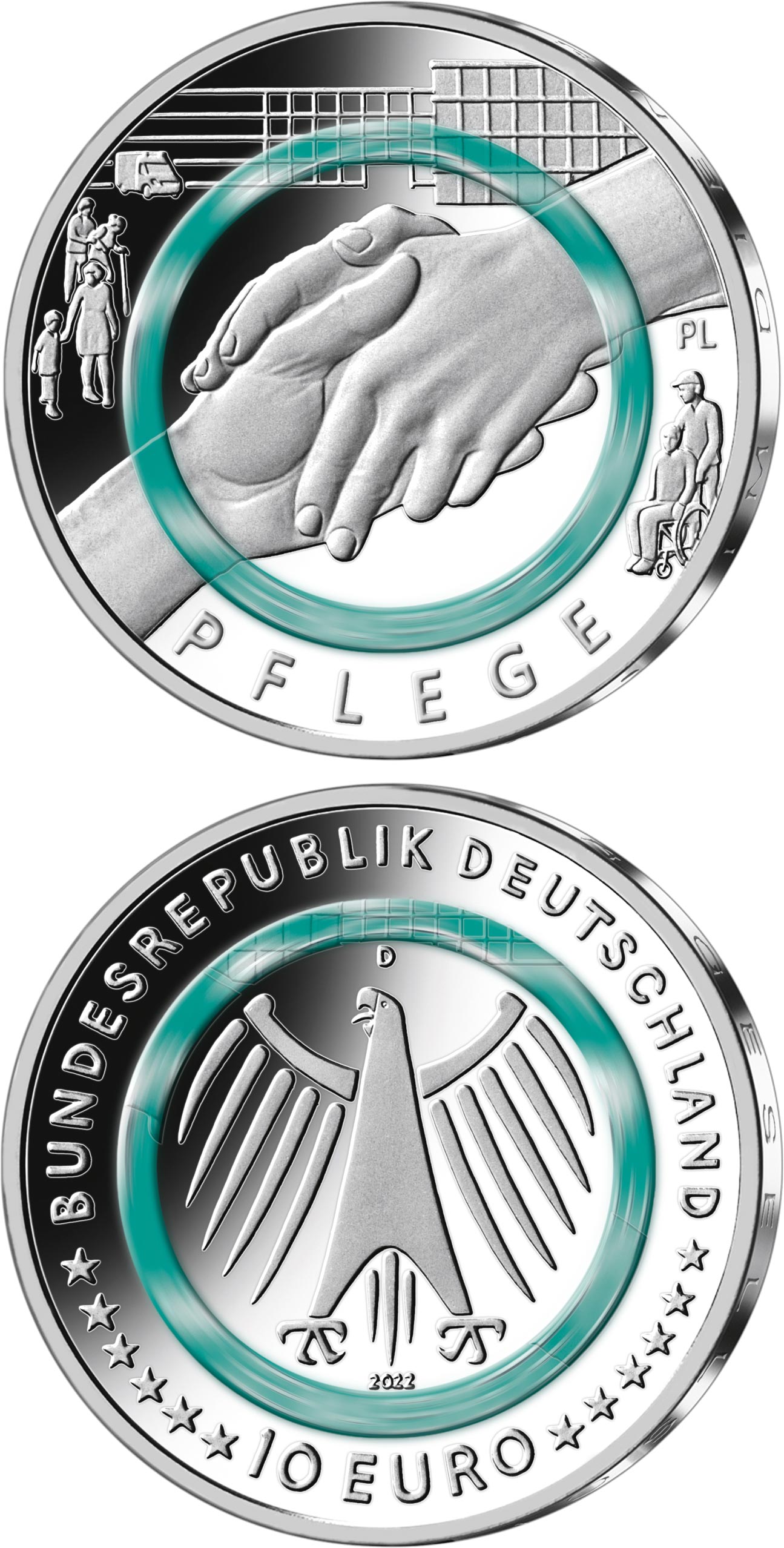 Image of 10 euro coin - The Care | Germany 2022.  The Copper–Nickel (CuNi) coin is of BU quality.