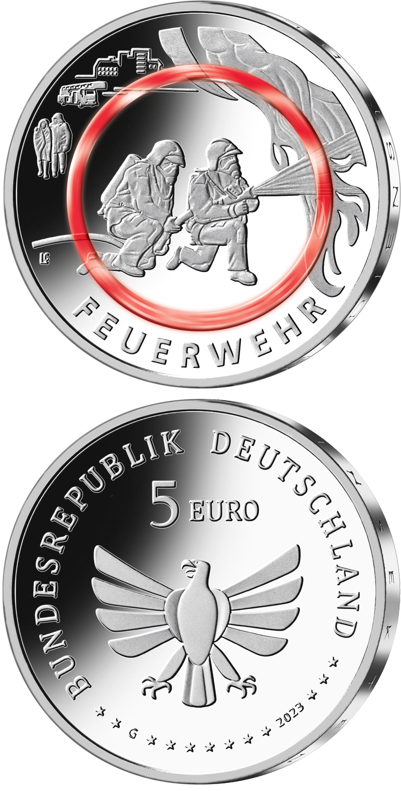 Image of 10 euro coin - Fire Department | Germany 2023.  The Copper–Nickel (CuNi) coin is of BU quality.